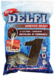 Прикормка DELFI зимняя Ice Ready увлажненная универсал. гаммарус + мотыль, черная + БЛЕСТКИ, 500